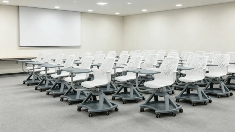 Conference table chairs with wheels and writing tablets arranged in a modern training room Conference table chairs with wheels and writing tablets arranged in a modern training room